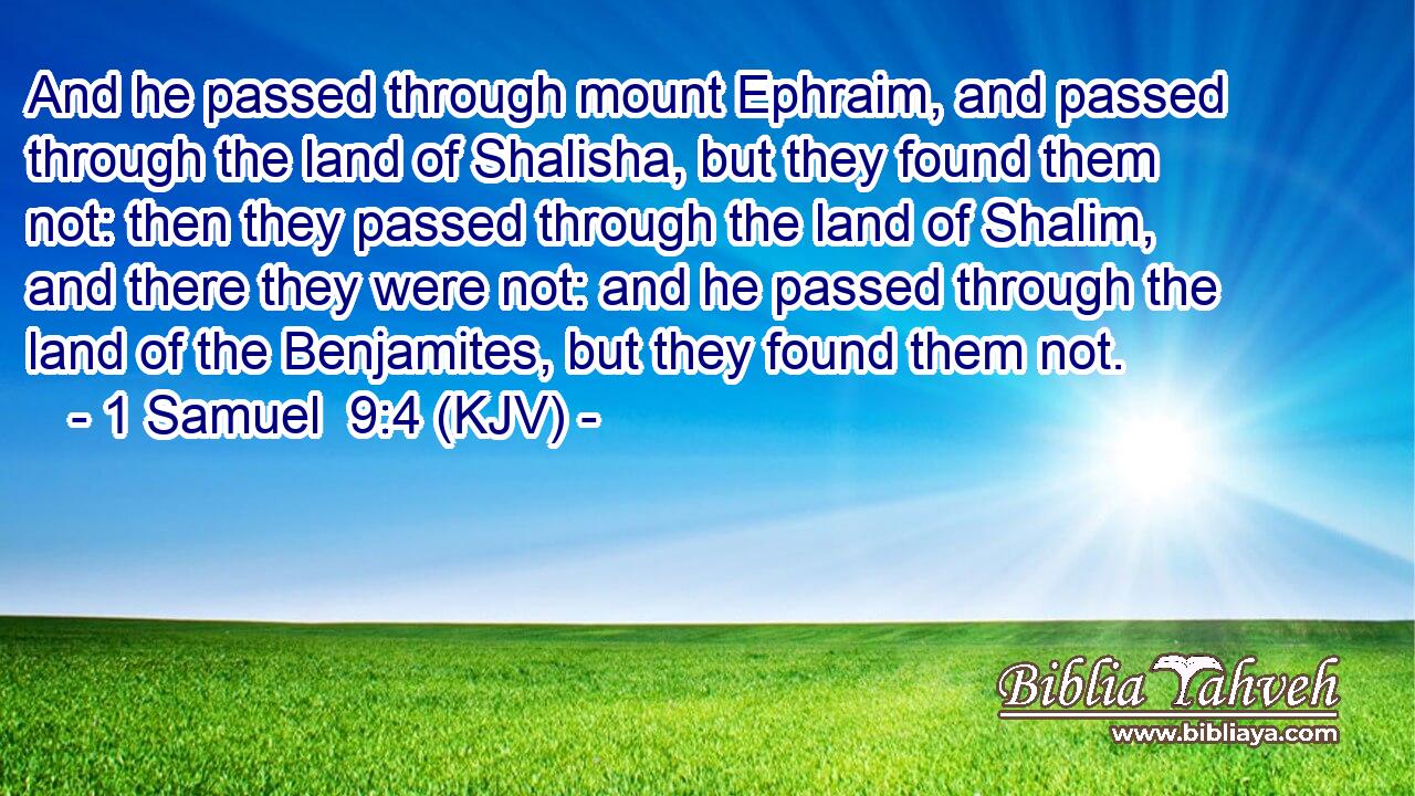 And he passed through mount Ephraim, and passed through the land of Shalisha, but they found them not: then they passed through the land of Shalim, and there they were not: and he passed through the land of the Benjamites, but they found them not.