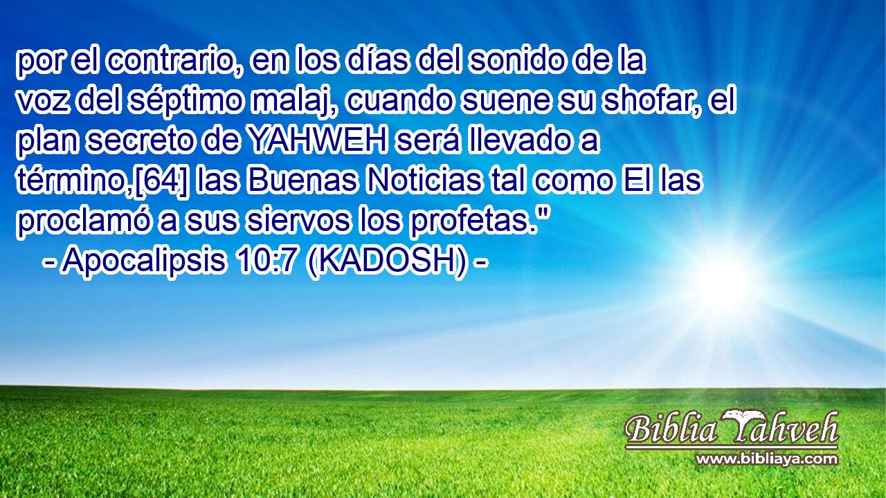  por el contrario, en los días del sonido de la voz del séptimo malaj, cuando suene su shofar, el plan secreto de YAHWEH será llevado a término,[64] las Buenas Noticias tal como El las proclamó a sus siervos los profetas.