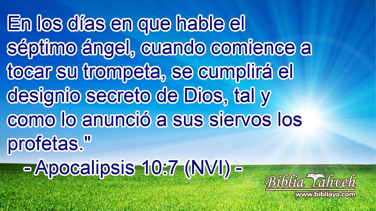  En los días en que hable el séptimo ángel, cuando comience a tocar su trompeta, se cumplirá el designio secreto de Dios, tal y como lo anunció a sus siervos los profetas.