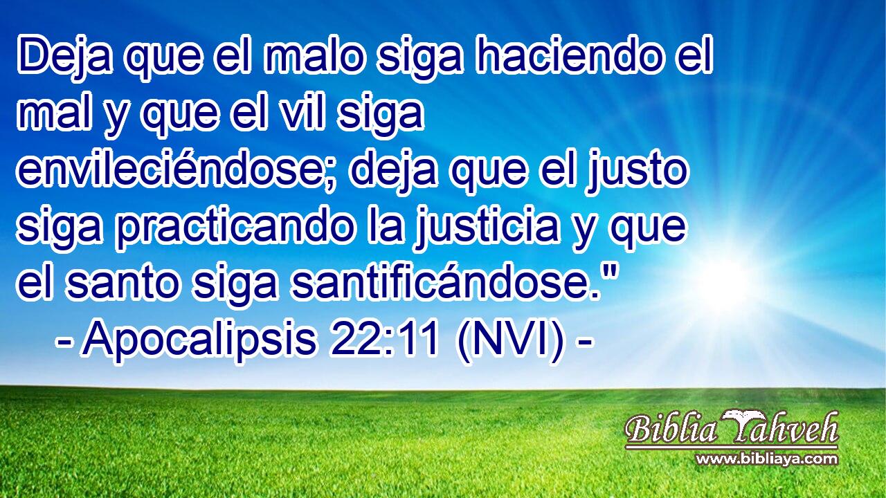  Deja que el malo siga haciendo el mal y que el vil siga envileciéndose; deja que el justo siga practicando la justicia y que el santo siga santificándose.