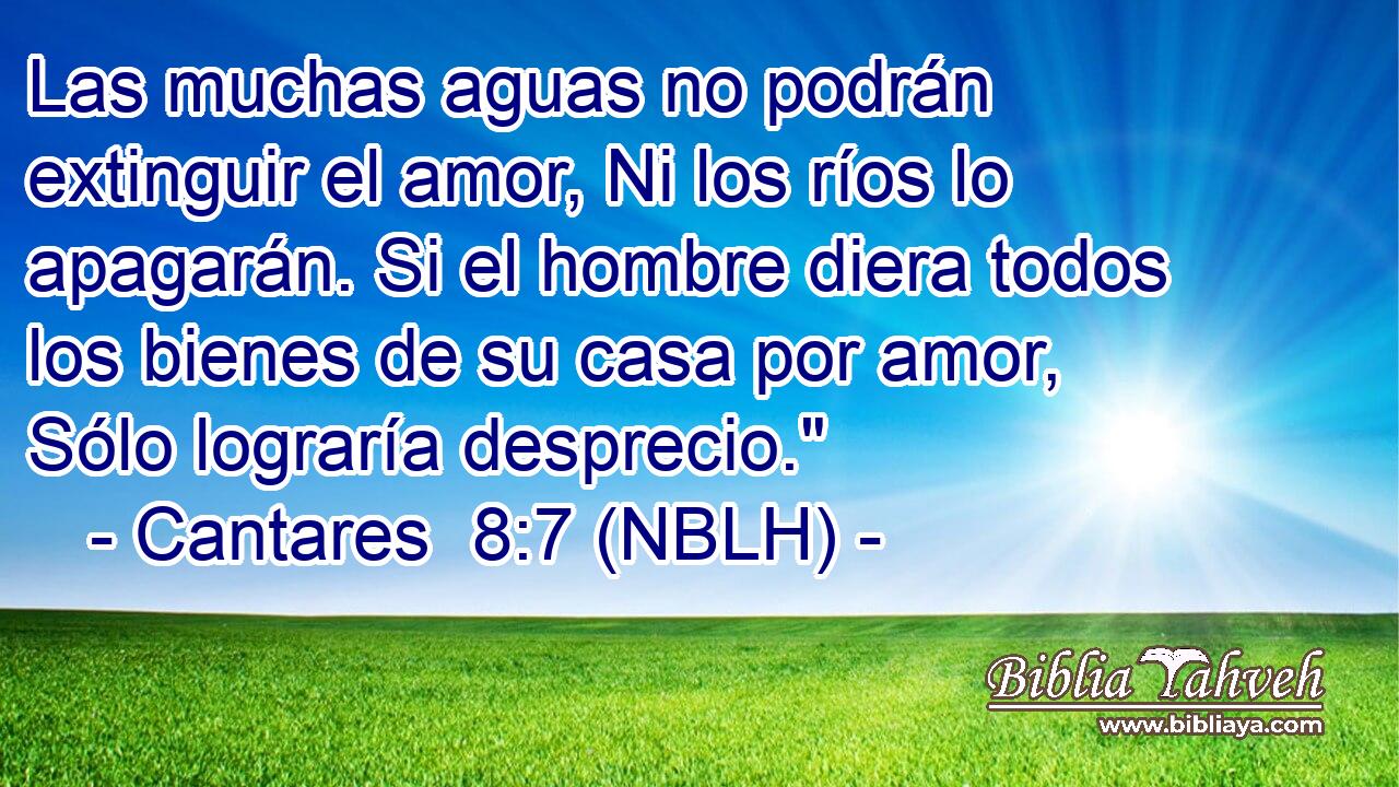  Las muchas aguas no podrán extinguir el amor, Ni los ríos lo apagarán. Si el hombre diera todos los bienes de su casa por amor, Sólo lograría desprecio.