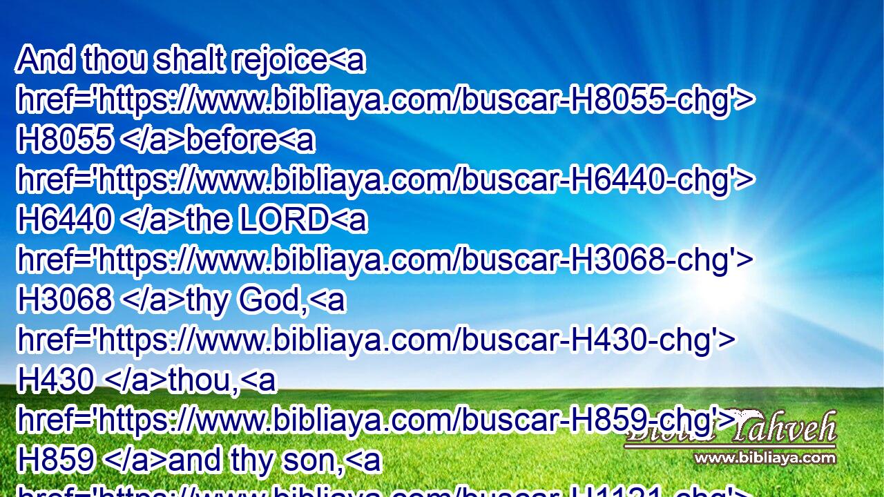 And thou shalt rejoice H8055 before H6440 the LORD H3068 thy God, H430 thou, H859 and thy son, H1121 and thy daughter, H1323 and thy manservant, H5650 and thy maidservant, H519 and the Levite H3881 that H834 is within thy gates, H8179 and the stranger, H1616 and the fatherless, H3490 and the widow, H490 that H834 are among H7130 you, in the place H4725 which H834 the LORD H3068 thy God H430 hath chosen H977 to place H7931 his name H8034 there.H8033