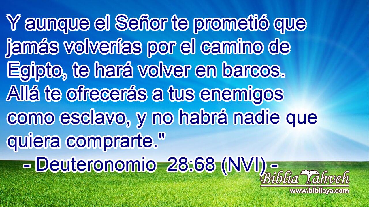  Y aunque el Señor te prometió que jamás volverías por el camino de Egipto, te hará volver en barcos. Allá te ofrecerás a tus enemigos como esclavo, y no habrá nadie que quiera comprarte.