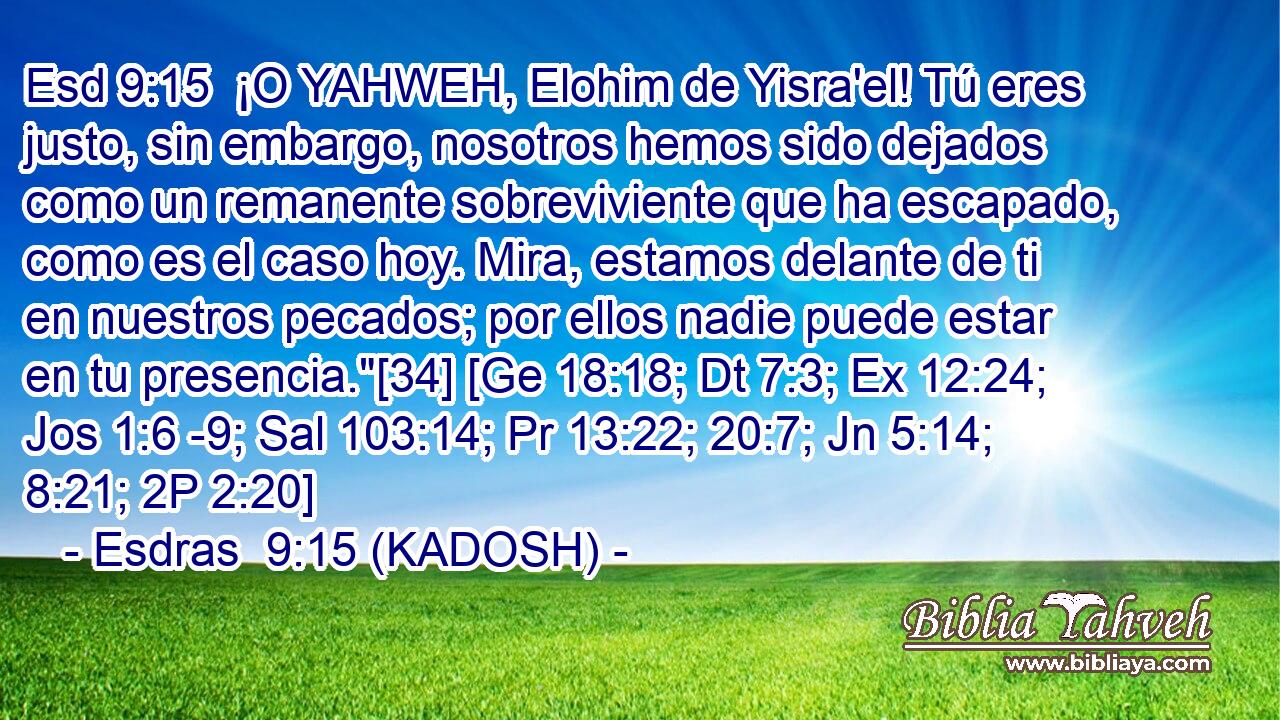  ¡O YAHWEH, Elohim de Yisra'el! Tú eres justo, sin embargo, nosotros hemos sido dejados como un remanente sobreviviente que ha escapado, como es el caso hoy. Mira, estamos delante de ti en nuestros pecados; por ellos nadie puede estar en tu presencia.