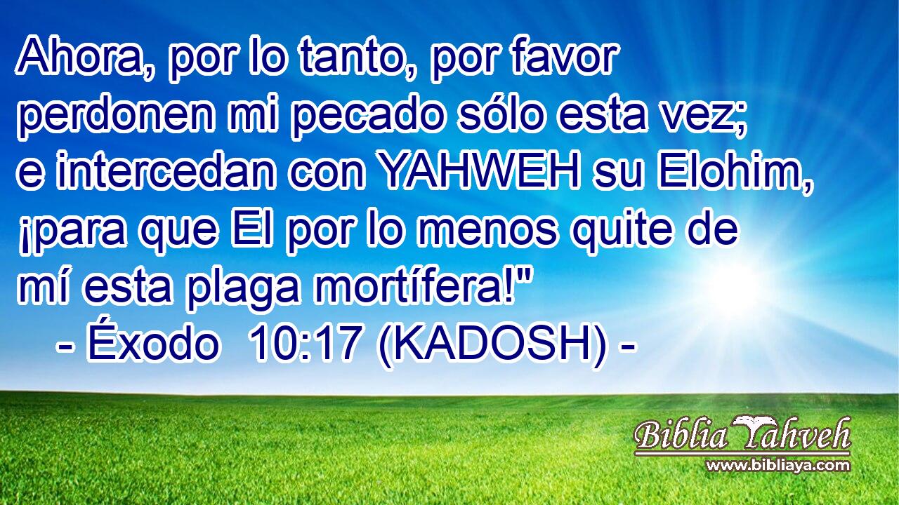  Ahora, por lo tanto, por favor perdonen mi pecado sólo esta vez; e intercedan con YAHWEH su Elohim, ¡para que El por lo menos quite de mí esta plaga mortífera!