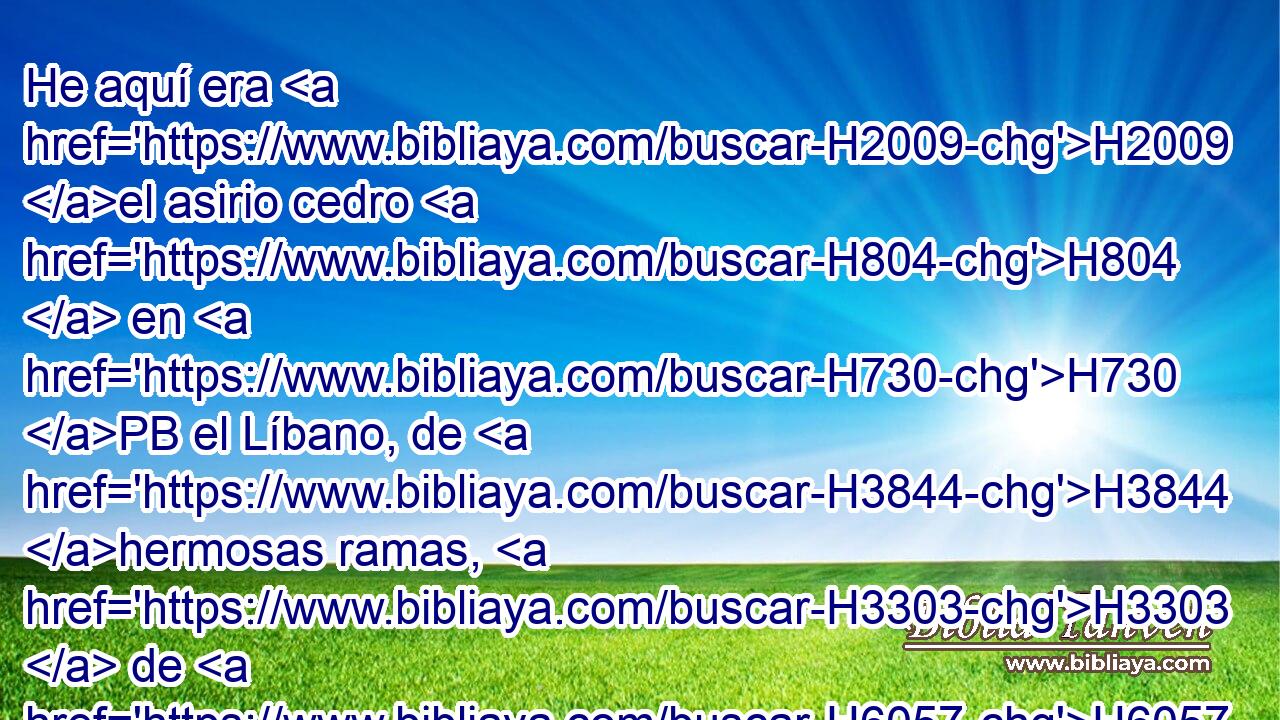 He aquí era H2009 el asirio cedro H804  en H730 PB el Líbano, de H3844 hermosas ramas, H3303  de H6057 • frondoso ramaje H6738  y H2793 CC H6751 de grande altura, H1362  y H6967 CC su copa estaba H6788  entre H1961 Pb densas H996 H5688 ramas. 