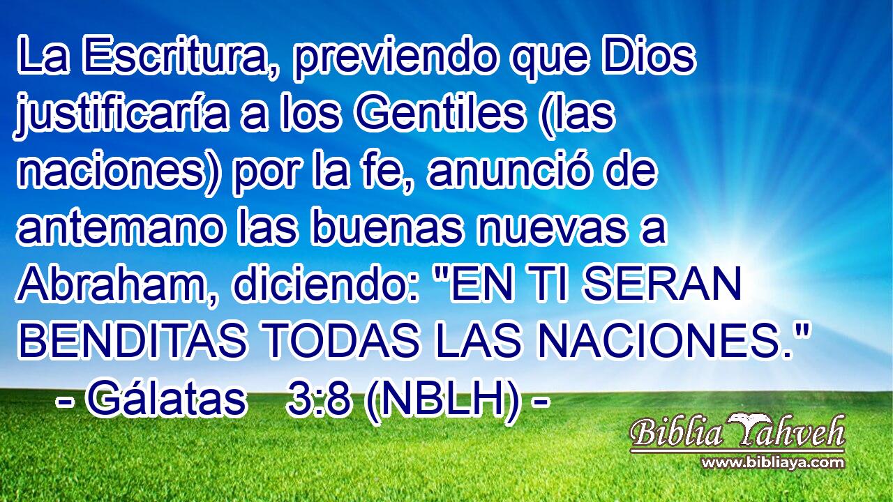  La Escritura, previendo que Dios justificaría a los Gentiles (las naciones) por la fe, anunció de antemano las buenas nuevas a Abraham, diciendo: 