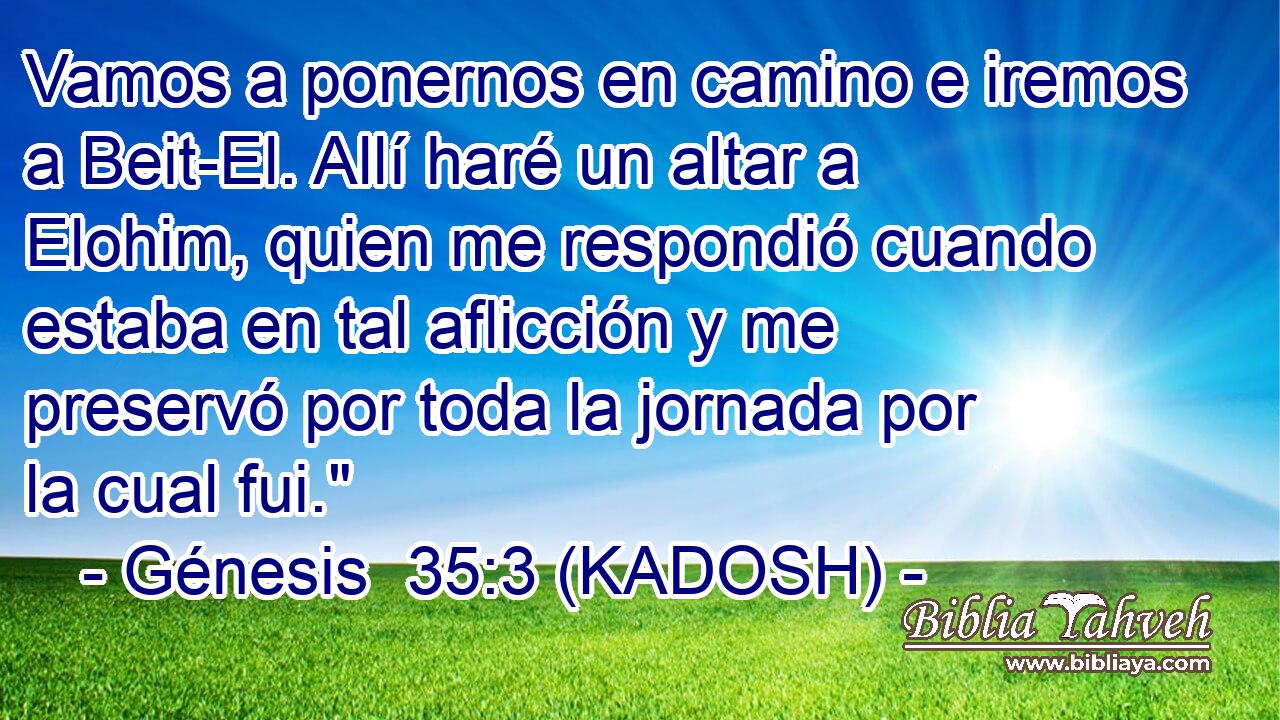  Vamos a ponernos en camino e iremos a Beit-El. Allí haré un altar a Elohim, quien me respondió cuando estaba en tal aflicción y me preservó por toda la jornada por la cual fui.