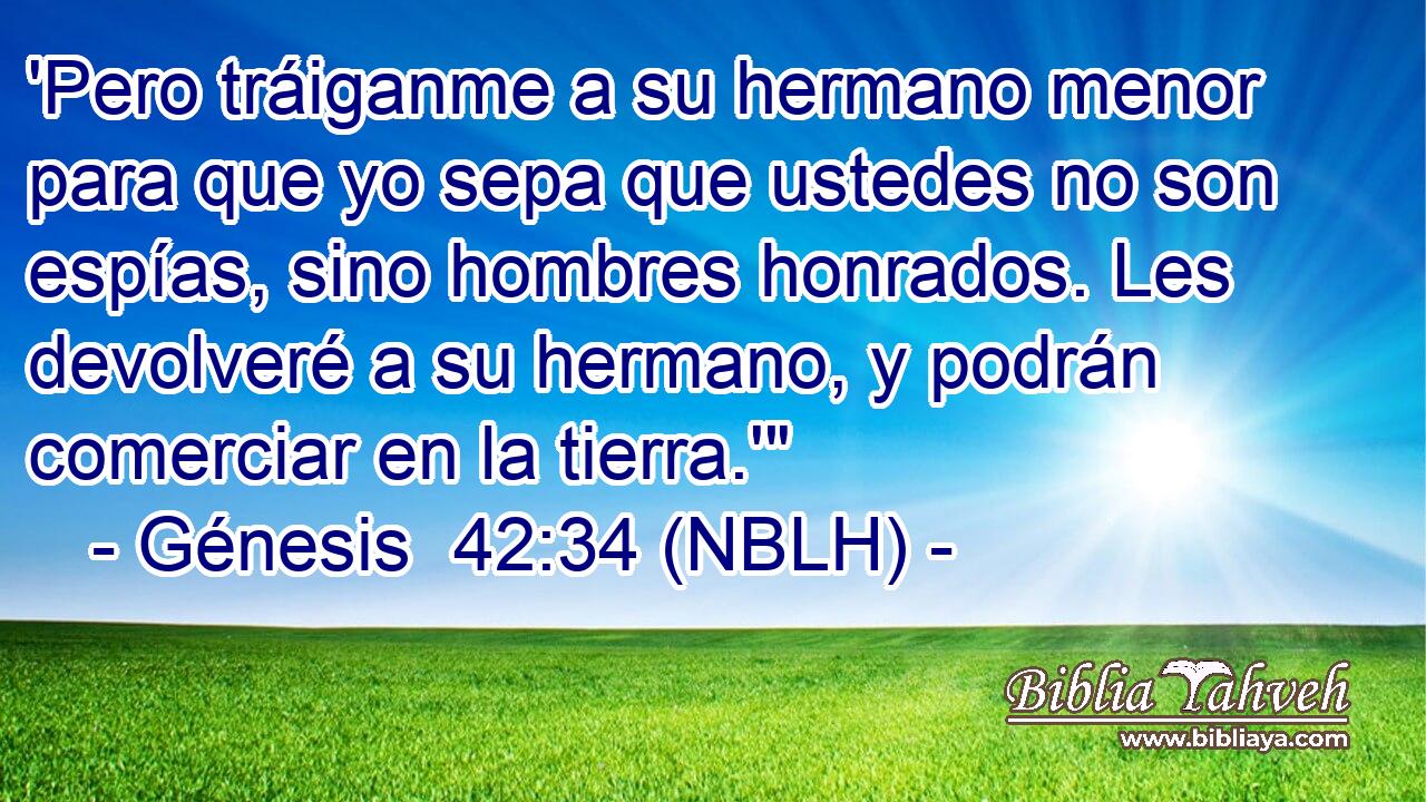  'Pero tráiganme a su hermano menor para que yo sepa que ustedes no son espías, sino hombres honrados. Les devolveré a su hermano, y podrán comerciar en la tierra.'