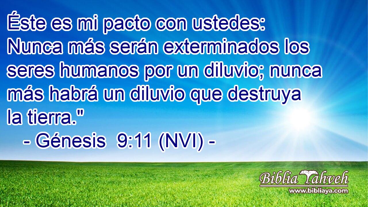  Éste es mi pacto con ustedes: Nunca más serán exterminados los seres humanos por un diluvio; nunca más habrá un diluvio que destruya la tierra.