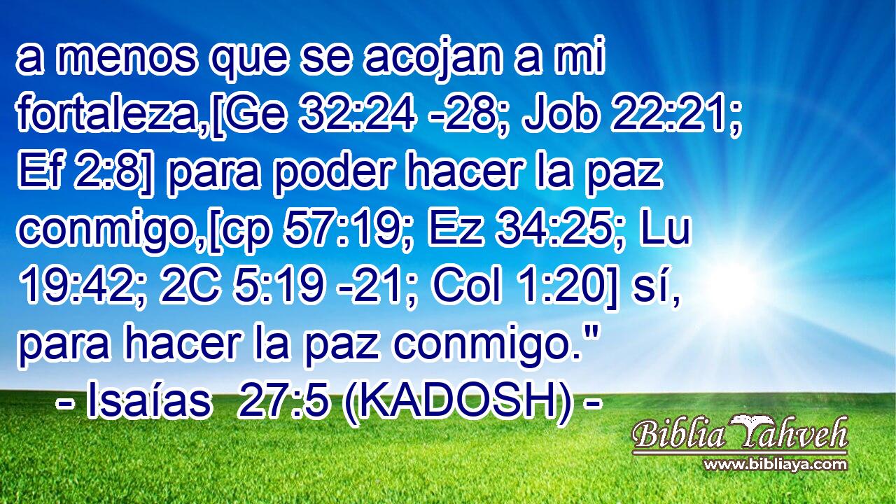  a menos que se acojan a mi fortaleza,[Ge 32:24 -28; Job 22:21; Ef 2:8] para poder hacer la paz conmigo,[cp 57:19; Ez 34:25; Lu 19:42; 2C 5:19 -21; Col 1:20] sí, para hacer la paz conmigo.