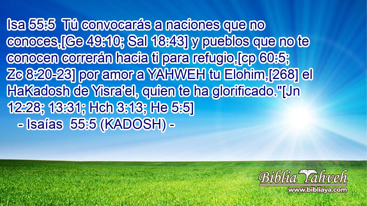  Tú convocarás a naciones que no conoces,[Ge 49:10; Sal 18:43] y pueblos que no te conocen correrán hacia ti para refugio,[cp 60:5; Zc 8:20-23] por amor a YAHWEH tu Elohim,[268] el HaKadosh de Yisra'el, quien te ha glorificado.