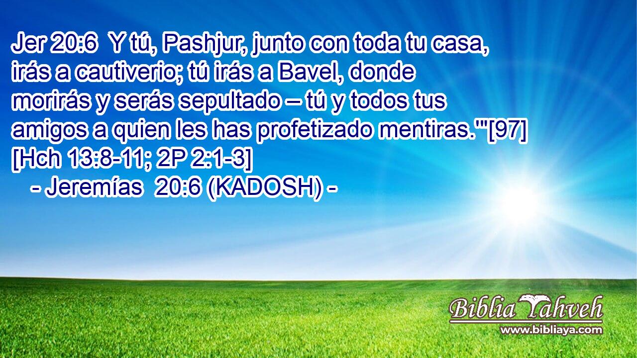  Y tú, Pashjur, junto con toda tu casa, irás a cautiverio; tú irás a Bavel, donde morirás y serás sepultado – tú y todos tus amigos a quien les has profetizado mentiras.'