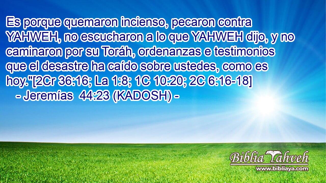  Es porque quemaron incienso, pecaron contra YAHWEH, no escucharon a lo que YAHWEH dijo, y no caminaron por su Toráh, ordenanzas e testimonios que el desastre ha caído sobre ustedes, como es hoy.