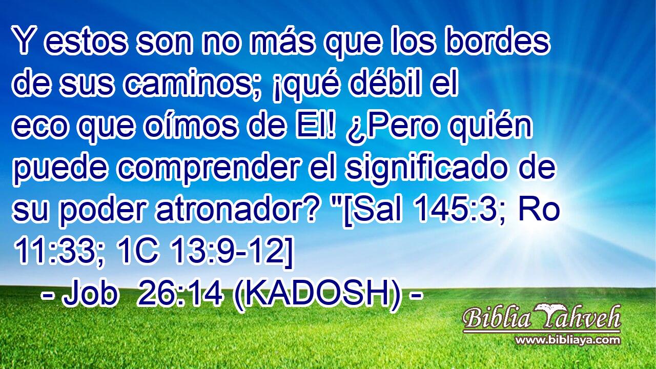  Y estos son no más que los bordes de sus caminos; ¡qué débil el eco que oímos de El! ¿Pero quién puede comprender el significado de su poder atronador? 