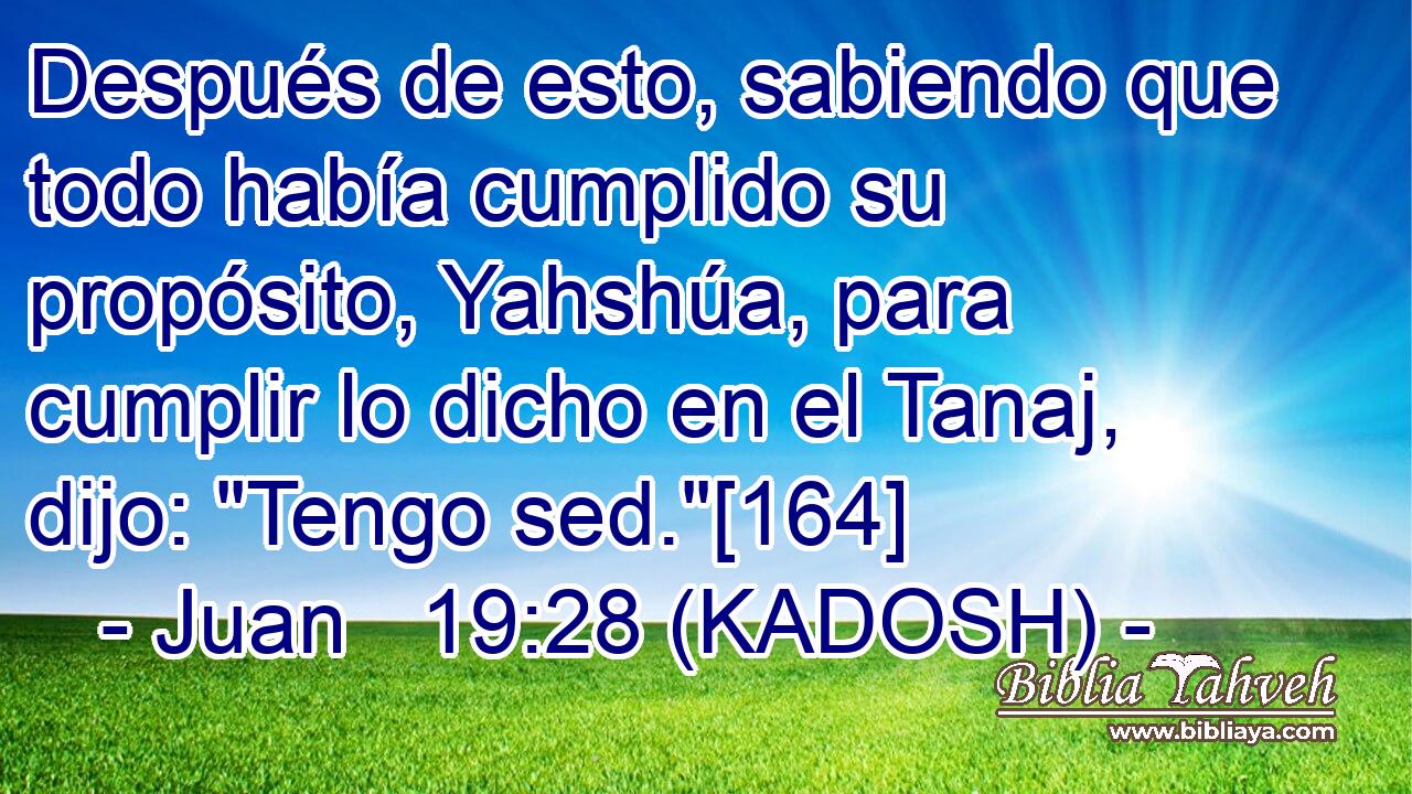  Después de esto, sabiendo que todo había cumplido su propósito, Yahshúa, para cumplir lo dicho en el Tanaj, dijo: 