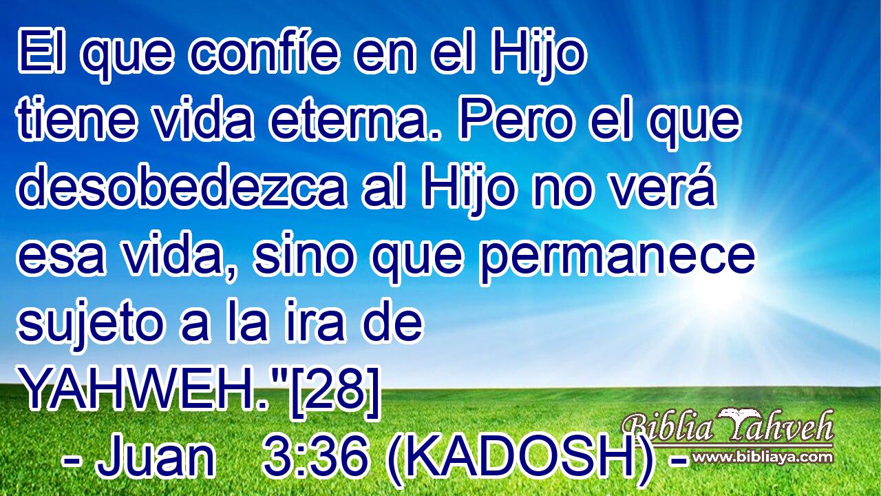  El que confíe en el Hijo tiene vida eterna. Pero el que desobedezca al Hijo no verá esa vida, sino que permanece sujeto a la ira de YAHWEH.