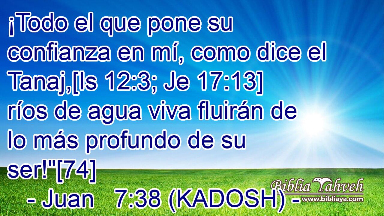  ¡Todo el que pone su confianza en mí, como dice el Tanaj,[Is 12:3; Je 17:13] ríos de agua viva fluirán de lo más profundo de su ser!