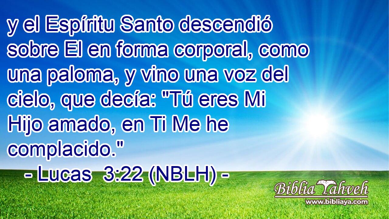  y el Espíritu Santo descendió sobre El en forma corporal, como una paloma, y vino una voz del cielo, que decía: 
