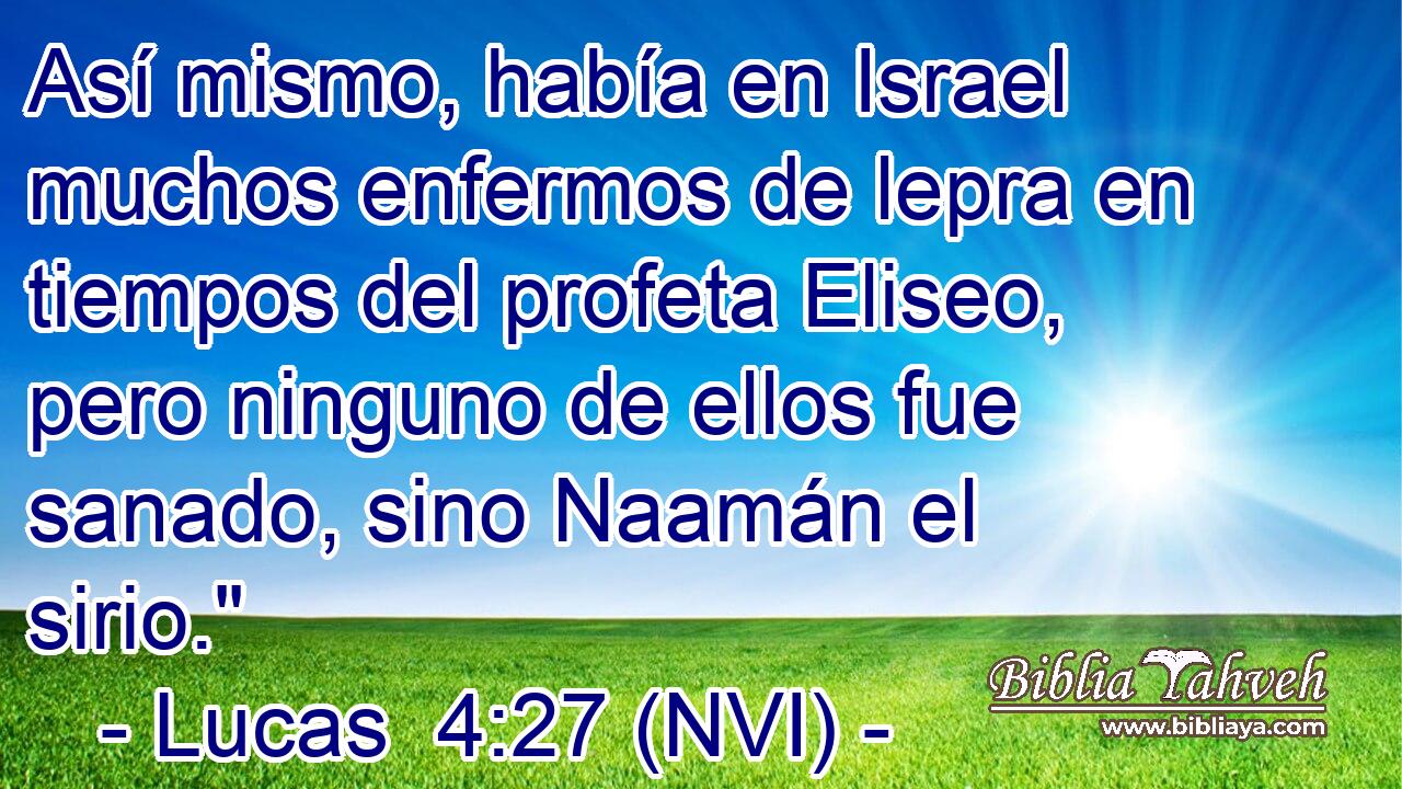  Así mismo, había en Israel muchos enfermos de lepra en tiempos del profeta Eliseo, pero ninguno de ellos fue sanado, sino Naamán el sirio.