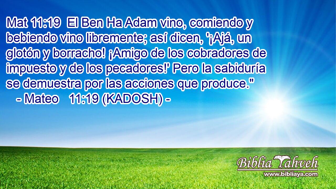  El Ben Ha Adam vino, comiendo y bebiendo vino libremente; así dicen, '¡Ajá, un glotón y borracho! ¡Amigo de los cobradores de impuesto y de los pecadores!' Pero la sabiduría se demuestra por las acciones que produce.