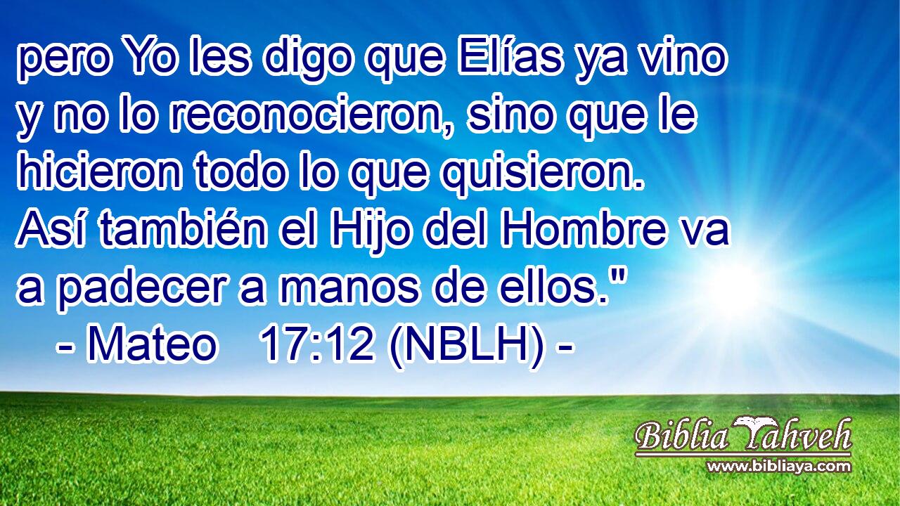  pero Yo les digo que Elías ya vino y no lo reconocieron, sino que le hicieron todo lo que quisieron. Así también el Hijo del Hombre va a padecer a manos de ellos.