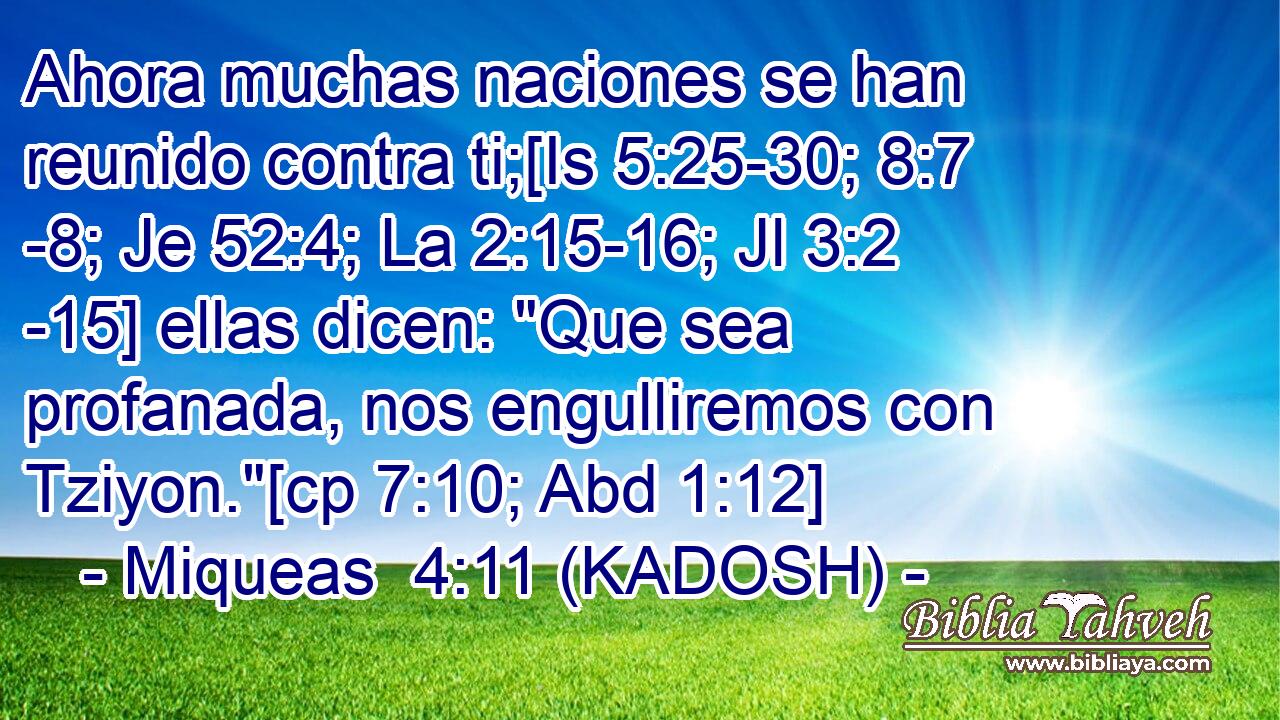  Ahora muchas naciones se han reunido contra ti;[Is 5:25-30; 8:7 -8; Je 52:4; La 2:15-16; Jl 3:2 -15] ellas dicen: 