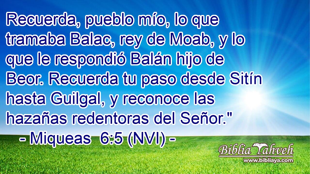  Recuerda, pueblo mío, lo que tramaba Balac, rey de Moab, y lo que le respondió Balán hijo de Beor. Recuerda tu paso desde Sitín hasta Guilgal, y reconoce las hazañas redentoras del Señor.
