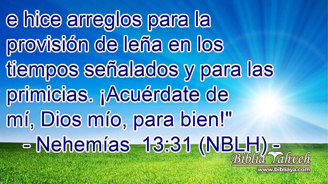  e hice arreglos para la provisión de leña en los tiempos señalados y para las primicias. ¡Acuérdate de mí, Dios mío, para bien!