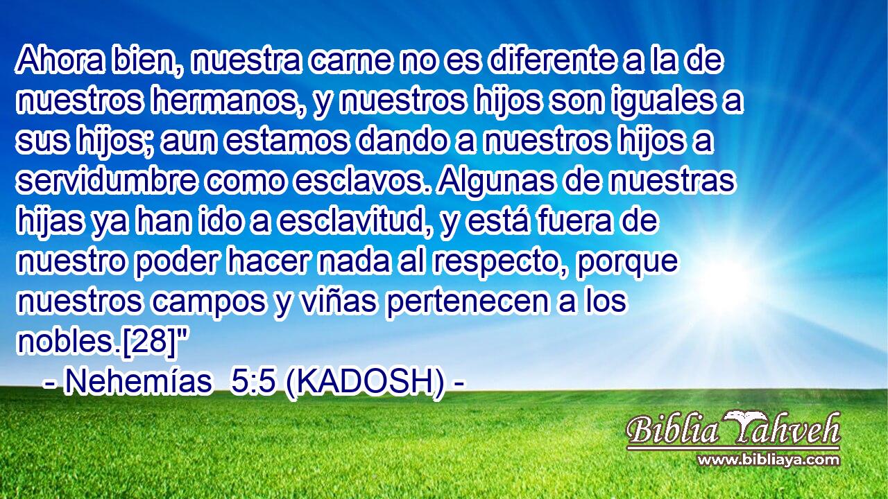  Ahora bien, nuestra carne no es diferente a la de nuestros hermanos, y nuestros hijos son iguales a sus hijos; aun estamos dando a nuestros hijos a servidumbre como esclavos. Algunas de nuestras hijas ya han ido a esclavitud, y está fuera de nuestro poder hacer nada al respecto, porque nuestros campos y viñas pertenecen a los nobles.[28]