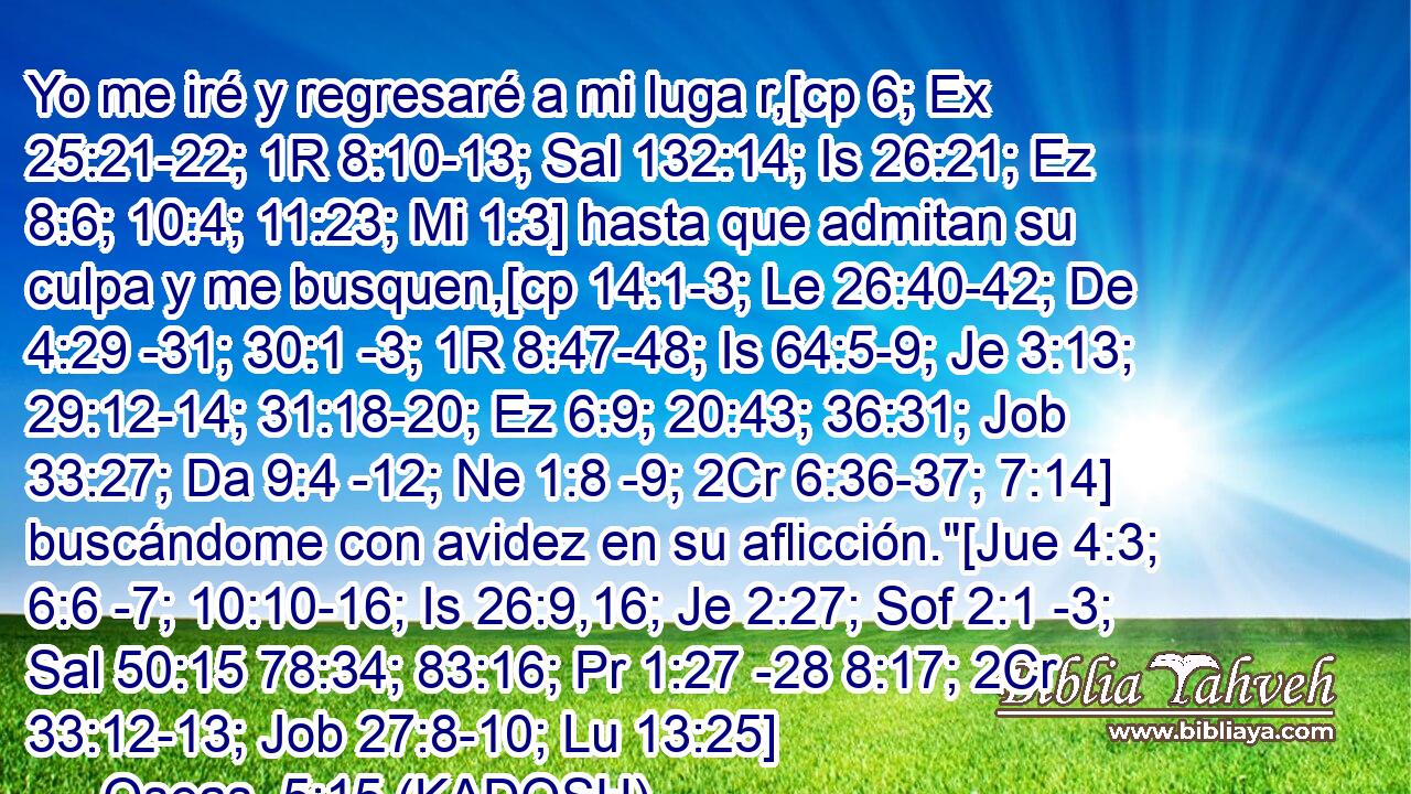  Yo me iré y regresaré a mi luga r,[cp 6; Ex 25:21-22; 1R 8:10-13; Sal 132:14; Is 26:21; Ez 8:6; 10:4; 11:23; Mi 1:3] hasta que admitan su culpa y me busquen,[cp 14:1-3; Le 26:40-42; De 4:29 -31; 30:1 -3; 1R 8:47-48; Is 64:5-9; Je 3:13; 29:12-14; 31:18-20; Ez 6:9; 20:43; 36:31; Job 33:27; Da 9:4 -12; Ne 1:8 -9; 2Cr 6:36-37; 7:14] buscándome con avidez en su aflicción.